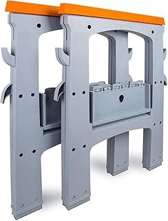 Amazon Basics Portable Foldable Rectangular Sawhorse, Set of 2, 408 kg Capacity, with Storage Hooks, Easy to Use, Orange and Grey