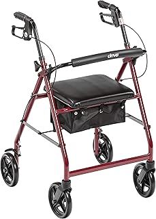 Drive Medical Aluminum Rollator Walker Fold Up and Removable Back Support, Padded Seat, 7.5" Wheels, Red