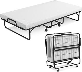 Folding Bed with 10cm Thick Memory Foam Mattress and Wheels, Portable Metal Frame Single Guest Mobile Sleeper Bed for Home Office Camping