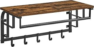VASAGLE Coat Rack Wall-Mounted, Clothes Rail with 5 Removable Coat Hooks, Floating Shelf with Hanging Rail, for Hallway, Bedroom, Living Room, Rustic Brown and Black LCR12BX