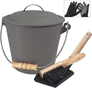 BRIAN & DANY Ash Bucket for Fireplaces, Coal Bucket with Lid, 5L Metal Buckets for Hot Ash with Shovel and Hand Broom, Gray