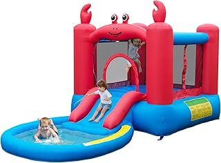 GYMAX Kids Bouncy Castle, Inflatable Jumping House with Slide, Round Ball Pit Pool, 30 Ocean Balls & Carry Bag, Red Crab Themed Children Bounce Playhouse for Outdoor Indoor