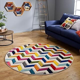 Spectra Hand Carved Geometric Rainbow Vibrant Multi Coloured Soft Rug Round Carpet 133x133 cm (4'5''x4'5'') Circle Destin Multi