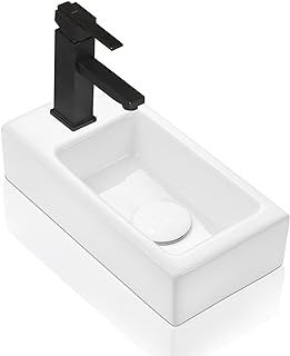 Wall-Mounted Small Vessel Sink - Vanity Sink White Ceramic Porcelain 14.6" x 7.3" x 3.55" - Bathroom Sink Rectangle with Single Faucet Hole Right Hand - Cloakroom Mini Art Basin
