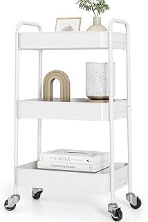 KINGRACK 3 Tier Metal Storage Trolley on Wheels, Beauty Book Craft Tea Art Trolley for Home Bathroom Kitchen Laundry, No screws needed Easy Rolling Utility Cart Mobile Storage Shelving Organizer
