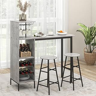3 Pieces Bar Table Set, Steel Frame Dining Table and 2 Stools with Wine Racks, Glass Holders, Open Shelves & Footrest, Breakfast Dining Furniture Sets for Home Kitchen Pub Cafe (Grey)