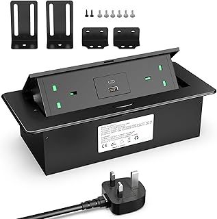 Desktop Power Socket with USB C PD20W, Aluminum Recessed Power Strip 2 UK Plug, Hidden Pop Up Sockets for Kitchen Worktops Conference Desk, Desk Power Outlet with USB C PD20W, 1.8M Cable, HANNELORE