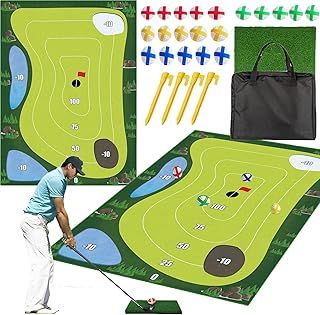 Rilime Golf Chipping Game Training Mat, 4x6 ft Chipping Golf Game Mat Sticky Golf Mat Game with Adhesive Golf Balls Plastic Stakes for Home Backyard Office Golf Set, blue
