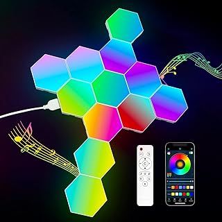 Hexagon Lights Gaming - 12 Pack RGB Led Hex Light Panels Hexagon Smart Wall Lights Sync to Music for Room Bar Decor Gaming Setup