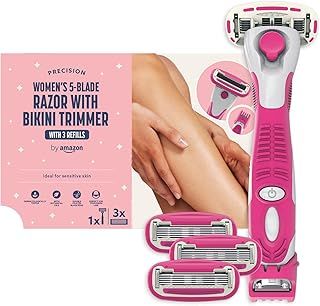 by Amazon Women's 5 Blade Razor with 3-in-1 Trimmer + 3 refillls, Pink
