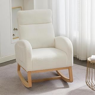 Nursing Rocking Chairs for Adults, Teddy Nursery Rocking Chair for Mum, High Backrest Boucle Armchairs with Wood Base and Side Pocket, Comfy Glider Chair for Living Room Bedroom, Green