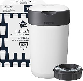 Tommee Tippee Twist and Click Advanced Nappy Bin, Eco-Friendlier System, Includes 1x Refill Cassette with Sustainably Sourced Antibacterial GREENFILM, White