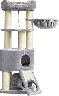 Feandrea Large Cat Tree, Cat Tower for Large Cats, 141 cm Cat Condo with Thick Scratching Posts, Perch, Tunnel, Removable Washable Cushions, Light Grey and Natural Colour PCT002N01