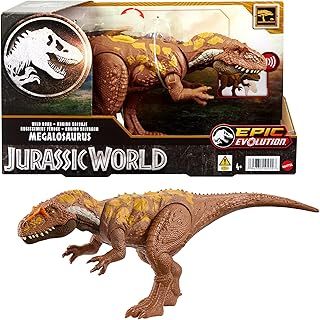 Mattel Jurassic World Wild Roar Megalosaurus Dinosaur Figure with Continuing Roar Sound & Attack Action, Posable Physical Toy & Digital Play, HTK73