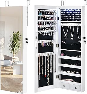 COSTWAY 6 LED Lights Jewelry Cabinet, Door Hanging/Wall Mounted Jewelry Armoire with Full Length Mirror, Lockable Cosmetics Makeup Jewellery Storage Organiser Unit for Bedroom Dressing Room (White)