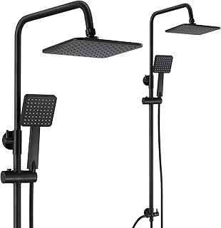 Shower Riser Rail Kit, Stainless Steel 8” Square Rain Overhead with Hand Sprays, Shower Set with Brass Valve Diverter and 150cm Hose, Matte Black, Matte Black