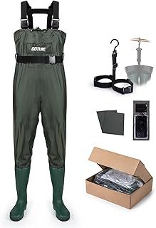 Goture Waterproof Bootfoot Chest Wader, 2-Ply Nylon/PVC Adjustable H-Back Shoulder Straps Waist Belt Waders with Boot for Men Women
