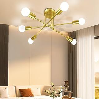 CANMEIJIA Modern Sputnik Chandelier, Ceiling Light Fixture Semi Flush Mount 6-Lights Gold Chandeliers for Dining Room Farmhouse Kitchen, Mid Century Pendant E27 Base, Bulbs Not Included