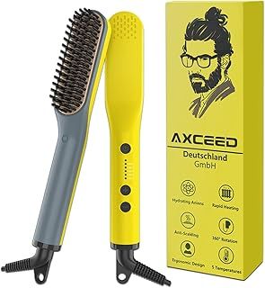 Beard Straightener Comb for Men, Axceed 2-in-1 Electric Hair Straightener, Premium Ionic Brush 30s Fast Heating up to 200°C for Hair and Beard Straighteners