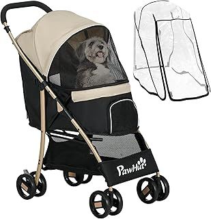 PawHut Dog Stroller with Rain Cover, Foldable Dog Pram, 4 Wheels Pet Pushchair with Safety Leashes, for Small, Miniature Dogs, Cats - Khaki