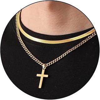 Men's necklaces,2PCS Stainless Steel Cross Necklace for Men,Silver/Gold/Black Sturdy Cuban Snake Chain Necklace Valentine's Day Jewelry Gifts for Men Teen