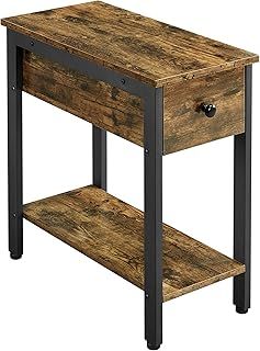 Yaheetech 2-Tier Industrial Side Table with Drawer, Narrow Nightstand Endtable, Wood Metal BedsideTable for Small Space/Living Room/Bedroom, Rustic Brown
