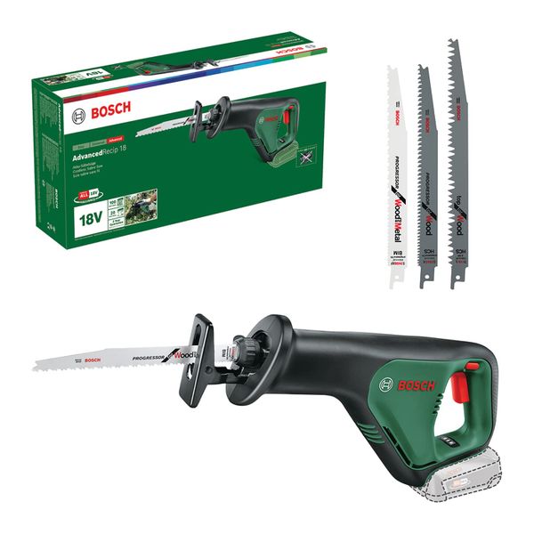Bosch Home and Garden Cordless Reciprocating Saw AdvancedRecip 18 (w/o Battery, 18 Volt, in Carton) + 3-piece Recip Saw Blade Set (for Wood and Metal)