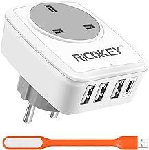 Travel Adapter UK to EU Europe Plug Adaptor with USB C, Grounded European Power Adapter 4 USB Wall Charger for Germany Spain France Turkey Greece Iceland Poland and More (Type E/F)