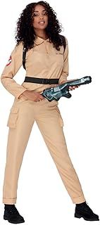 Smiffys Ghostbusters Ladies Costume for Adults, Jumpsuit and Inflatable Backpack, Beige, Officially Licensed with Logo Detail, Perfect for Halloween, 80s Theme Parties, and Family Fancy Dress