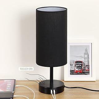 Yarra-Decor Bedside Lamp with USB Port - Touch Control Table Lamp for Bedroom Wood 3 Way Dimmable Nightstand Lamp with Round Black Fabric Shade for Living Room, Kids Room, College Dorm, Office