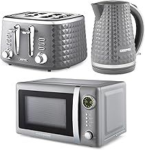 Geepas 3-Piece Kitchen Set, 2200W Electric Kettle, 1750W 4 Slice Toaster, 700W Digital Microwave, 20L Capacity with 12 Presets, Grey