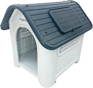HugglePets Grey Plastic Dog Kennel 87cm | Easy Clean Weatherproof Pet House In & Outdoor Animal Shelter