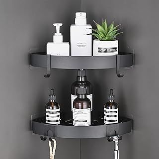 TRUSTLIFE Bathroom Corner Shelf Black Adhesive Shower Caddy Organiser Space Aluminum Wall Mounted Bath Shelves No Drilling with Hooks for Wetroom - 2 Pack