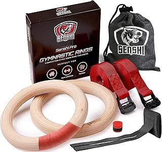 𝗧𝗛𝗘 𝟮𝟬𝟮𝟭 𝗪𝗜𝗡𝗡𝗘𝗥* Wooden Gymnastics Rings With XXL Straps, Olympic Suspension Trainer For Calisthenics, Pull Ups, Dips, Thick 32mm Hoops With Door Anchor, Grip Tape & Carry Bag