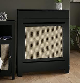 Radiator Cover Black Painted and Rattan MDF Cabinet Horizontal Slat Storage Drawers & Shelf, Radiator Cabinets for Office Hallway Living Room Bedroom, Small (H: 150cm / W: 96cm / D: 19cm)