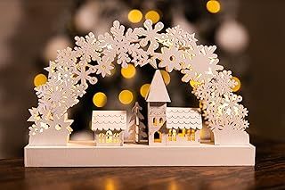 HomeZone Pre-Lit Wooden Church and Village Scene Illuminated with 8 Warm White LED Lights, 32 cm - wooden