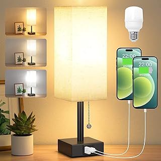 Aooshine Bedside Lamps, Table Lamp with USB C+A Charging Ports, Small Lamp with 3-Color Modes with Pull Chain, Bedroom Lamps with Beige White Fabric Shade(LED Bulb Included)