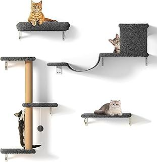 FUKUMARU Cat Shelves, 4 in 1 Large Cat Furniture Set, Wooden Climbing Wall with Scratching Post for 16 Inch Drywall - Gray