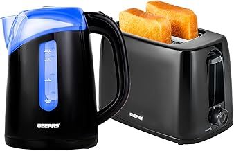 GEEPAS 2 Slice Toaster and Electric Kettle Set, 650W Toaster with 6 Settings, 2200W 1.7L Illuminating Kettle