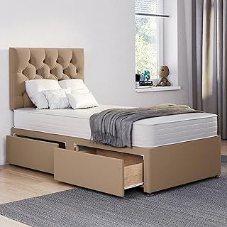ComfoRest - Luxurious 3FT Single Divan Bed with Mattress, 24" Chester Headboard & 2 Spacious Drawers | Elegant Design with Storage for Modern Bedrooms (Mink Plush)
