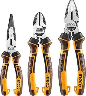 INGCO 3Pcs High Leverage Pliers Set - 8" Combination, 7" Diagonal Cutting, and 6" Long Nose HKHLPS2831