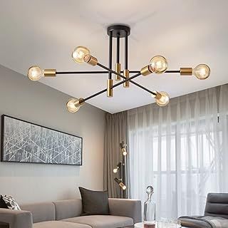 Lightess Ceiling Lights Modern Sputnik Chandelier 6 Lights E27 Socket, Max 40w, Semi Flush Mount Spot Lights Metal Black Gold Pendant Light for Bedroom Living Room Office (Not Include Bulb)