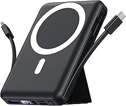 Mag-safe Power Bank, Azmuth 10000mAh Magnetic Battery Pack 22.5W PD Fast Charging with USB-C&Lighting Cable LED Wireless Portable Charger with Stand for iPhone 16/15/14/13/12/Pro (Black-Blue)