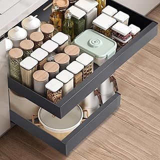 Pull out Cabinet Organiser, Slide out Drawers for Kitchen Cabinets, no Drill Adjustable Drawers, pull out Kitchen Storage,Cupboard Organiser that Requires no Drilling and Nailing (Dark gray)