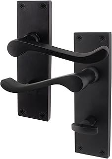 Black Victorian Scroll Bathroom Door Handles | 1 Pair of Matt Black Internal Lever Handles on Backplate