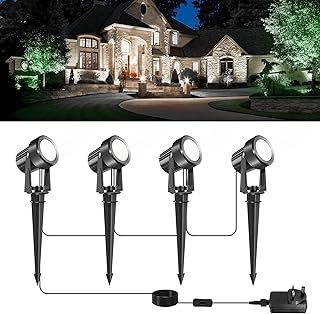 NATPOW Garden Spot Lights Mains Powered, Outdoor Landscape Spotlights 12W, LED 4-in-1 Spike Lights with Adapter, IP65 Waterproof 5V LED Garden Spike Lights for Garden, Lawn, Pathway, Yard (6000K)