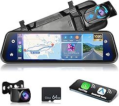Podofo Wireless Apple Carplay & Android Auto Mirror Dash Cam,9.66 Inch IPS Touchscreen with 1080P Front and Rear View Dual Cameras Support Voice Control,Night Vision, Parking Assistance + 64 GB Card