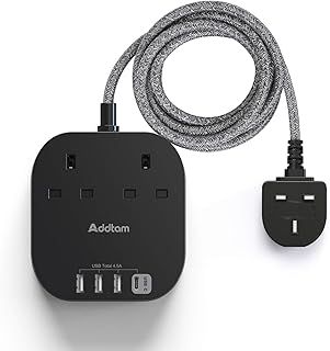 Extension Lead with USB Slots, Power Strips with 2 Way Outlets 4 USB(4.5A, 1 Type C and 3 USB A Ports) Surge Protection Plug Socket with 1.8 Meter Braided cord for Home/Office