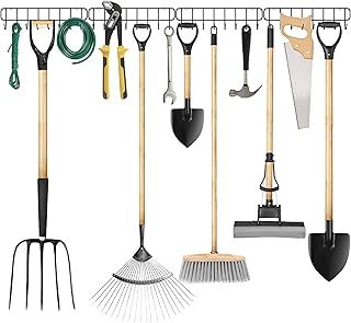 Garden Tool Rack, 4-in-1 Gardening Tools Organizer Holder, Wall Mount Garage Storage Rack with Heavy Duty Hooks Storage Ladders, Ropes, Shovels, Rakes, Hoses for Home Kitchen Garden Garage