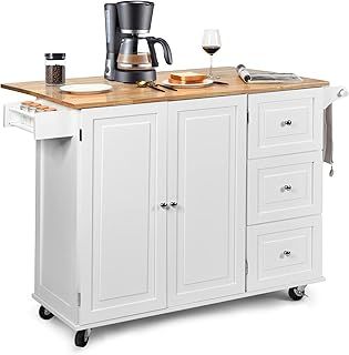 Large Rolling Kitchen Island, Kitchen Storage Trolley with Extendable Wood Worktop, Adjustable Shelves, 3 Drawers & Side Handles, Mobile Utility Serving Cart for Home Dining Room (White)